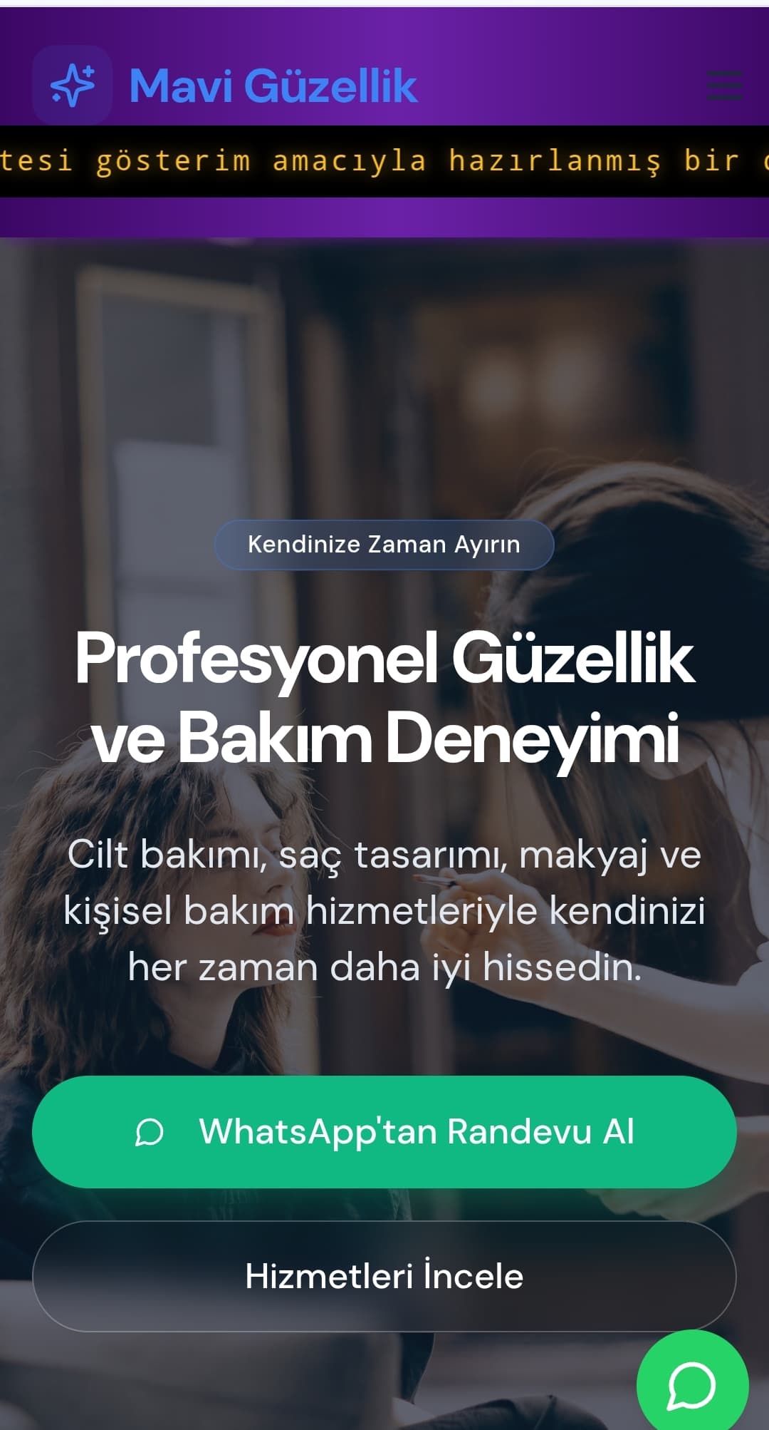 Güzellik Salonu — Güzellik ve bakım salonları için kurumsal web sitesi ve online randevu demo projesi.