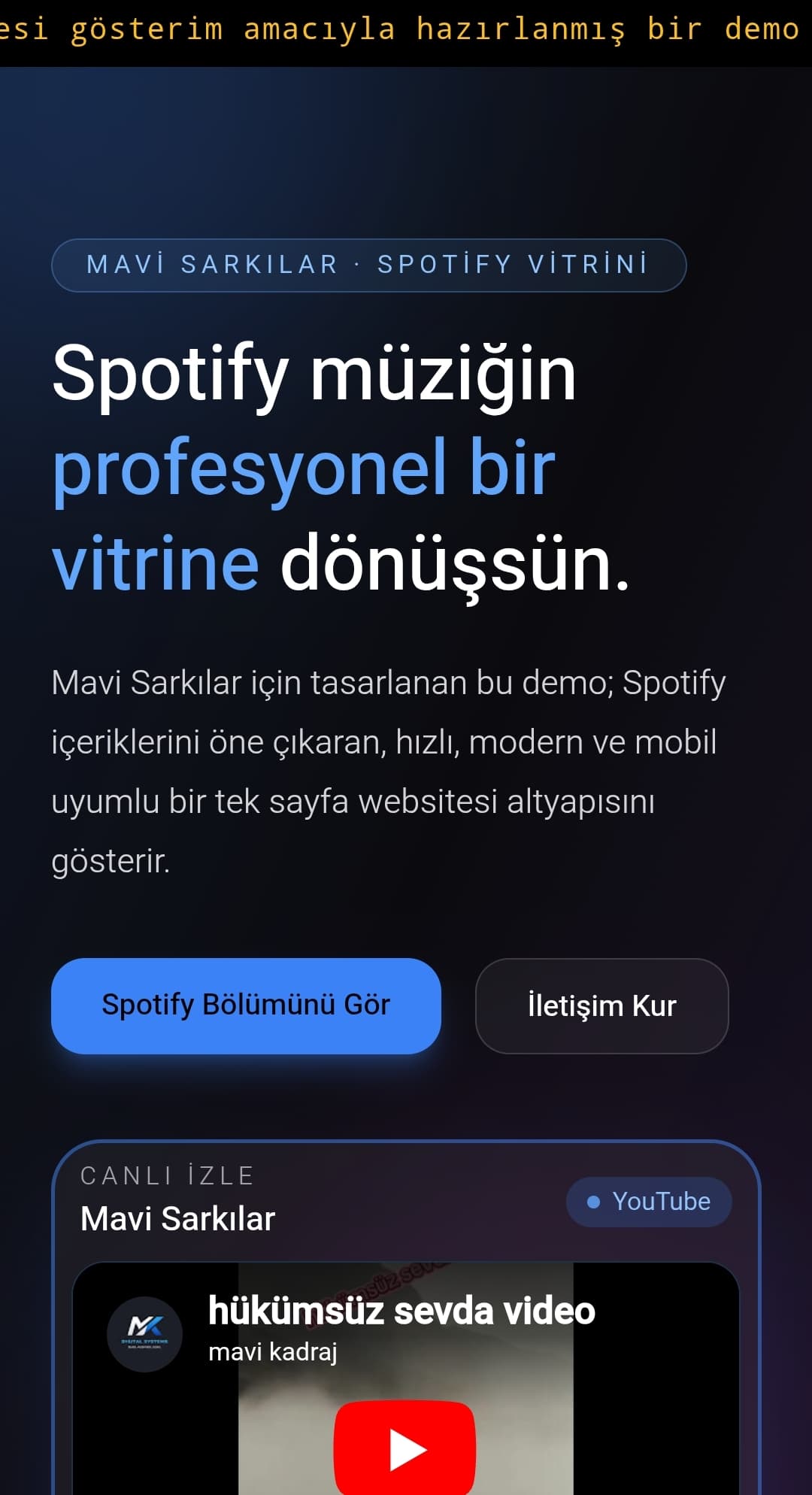 Mavi Şarkılar — Müzik akışı platformu için modern ve animasyonlu arayüz demo projesi.